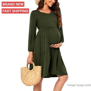 Maternity Dress Long Sleeve Ruffle A-Line Rayon Pregnancy Postpartum